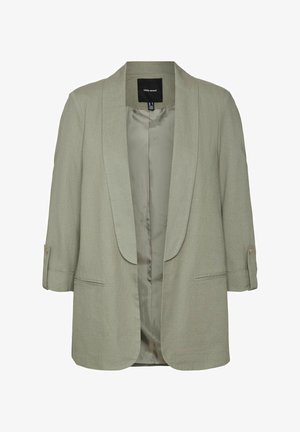 Lichtgroene blazer met een sjaalkraag, driekwartmouwen en opgerolde manchetten. Heeft een soepele binnenvoering en zijzakken.