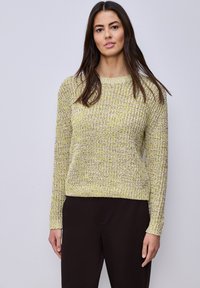 Femme aux longs cheveux bruns portant un pull en maille jaune et gris et un pantalon noir, debout devant un fond uni gris clair.