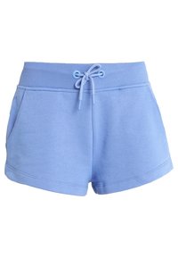 Pantaloni corti in cotone misto blu con vita elastica a coste, cordino regolabile e due tasche laterali. Tessuto liscio con una vestibilità casual.