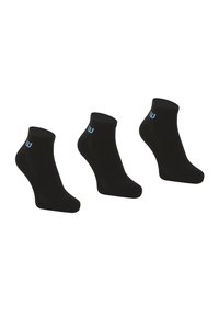 Chaussettes noires à la cheville, avec un design côtelé, une texture douce et un petit logo bleu sur le bord, disposées en groupe de trois.