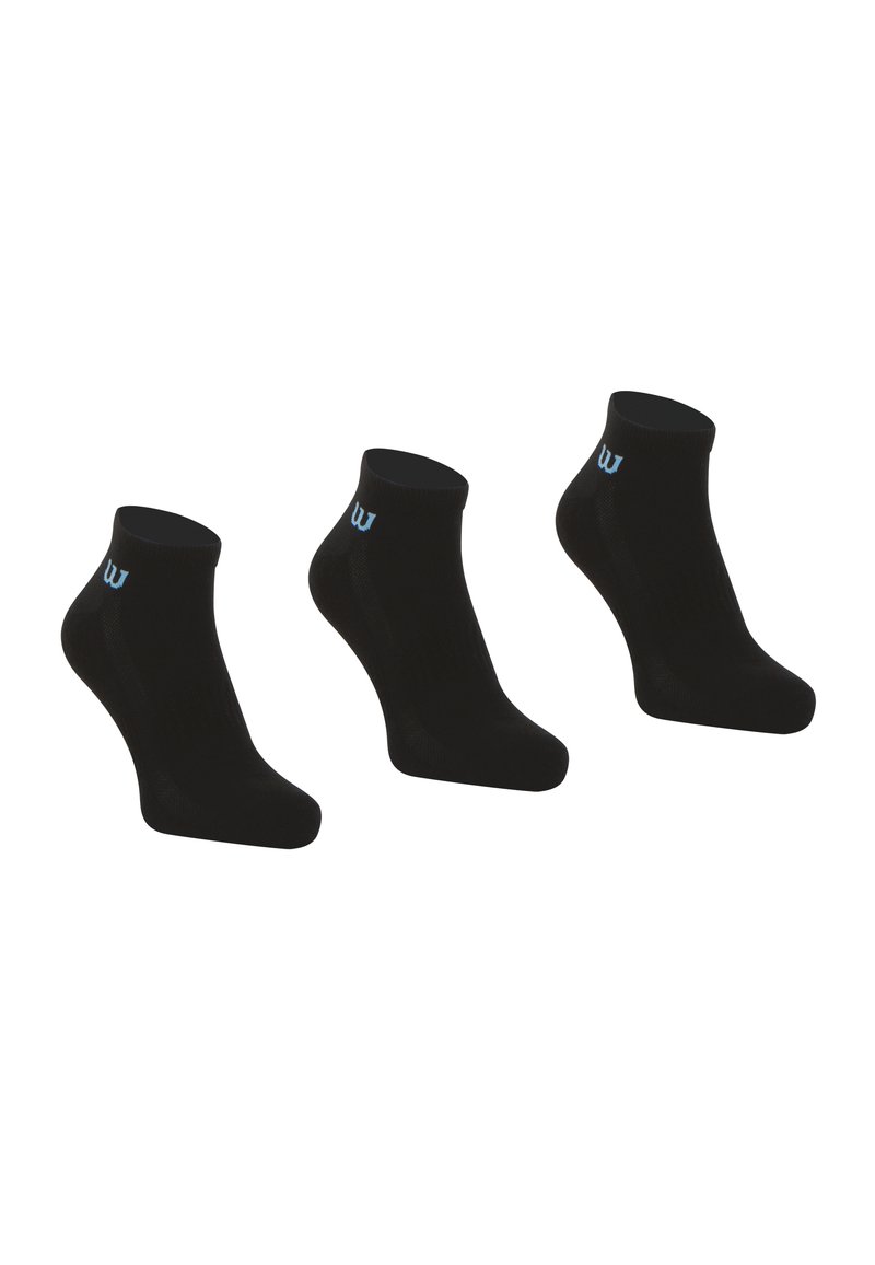 Chaussettes noires à la cheville, avec un design côtelé, une texture douce et un petit logo bleu sur le bord, disposées en groupe de trois.