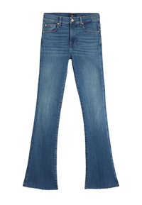 Niebieskie dzwony z denimu z wysokim stanem, postrzępionym wykończeniem, pięcioma kieszeniami oraz złotymi detalami. Gładka tekstura i średni efekt prania.