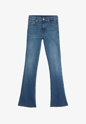 Niebieskie dzwony z denimu z wysokim stanem, postrzępionym wykończeniem, pięcioma kieszeniami oraz złotymi detalami. Gładka tekstura i średni efekt prania.