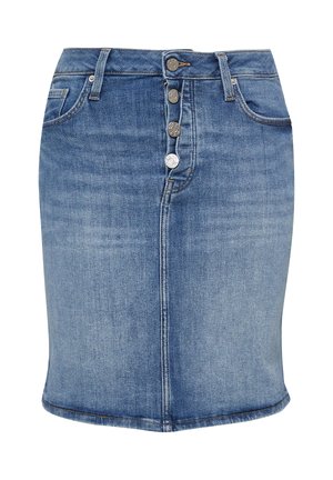 Niebieska spódnica dżinsowa z zapięciem na guziki z przodu, szlufkami na pasek, dwoma przednimi kieszeniami i subtelną wyblakłą fakturą.