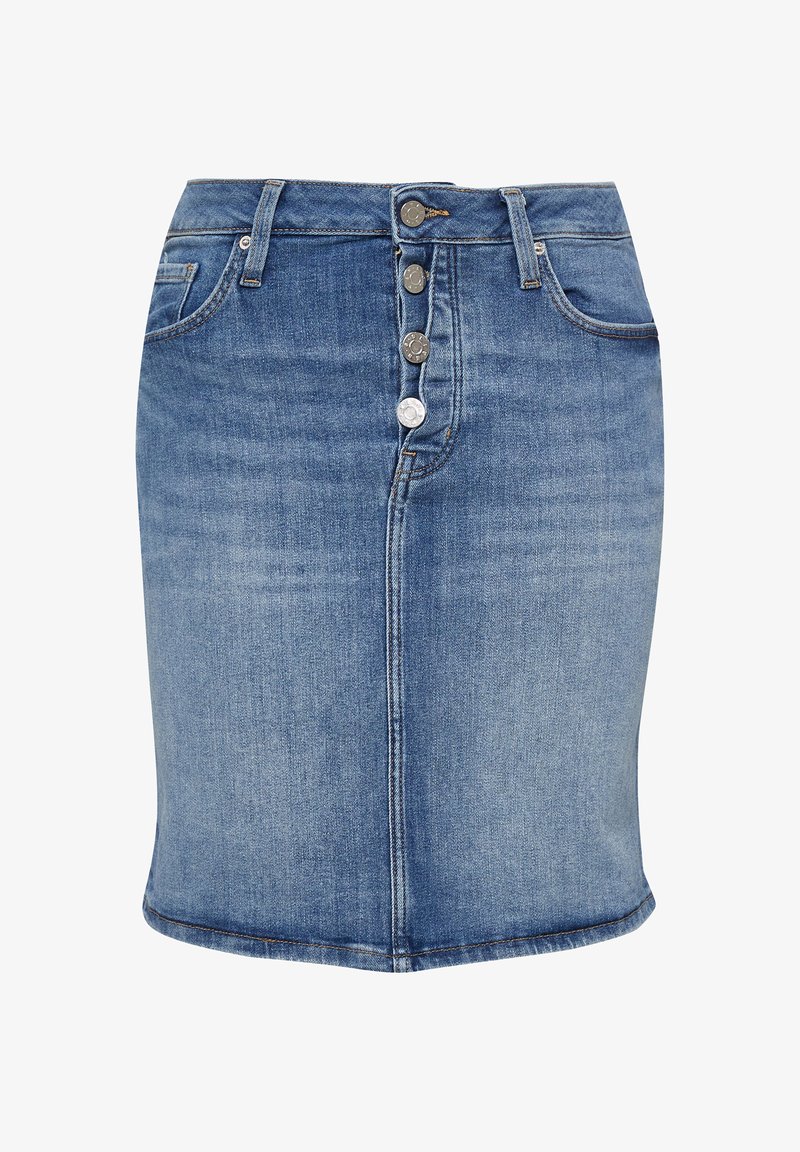 Blauwe denimrok met knoopsluiting aan de voorkant, lussen voor een riem, twee voorzakken en een subtiele vervaagde textuur.