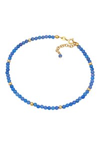 Blå perlekæde med facetterede runde perler og guld accenter samt lukning med en hummerlås. Justerbar længde med kædeforlængelse.