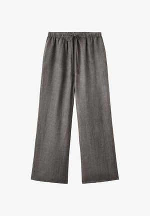 Szare lniane spodnie o szerokich nogawkach z elastycznym pasem i troczkiem, casualowe i luźne.
