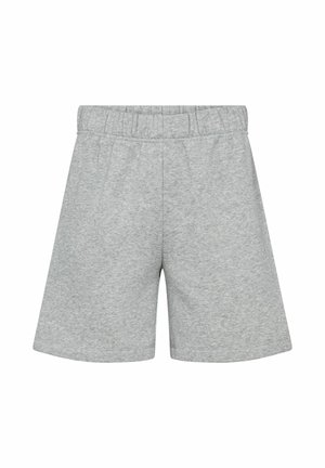 Svetlosivé voľnočasové šortky s elastickým pásom, vyrobené z mäkkého materiálu, zobrazené rozložené na bielom pozadí.