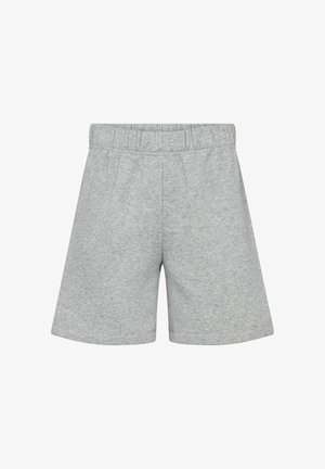 Hellgraue Freizeithosen mit elastischem Bund, aus weichem Stoff, flach auf weißem Hintergrund dargestellt.