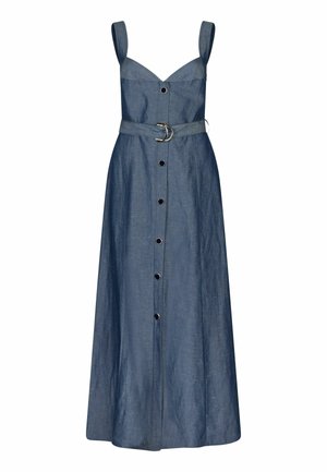 Denim midi dress with spaghetti straps, sweetheart neckline, front button closure, belted waist, and subtle texture in dark blue.
