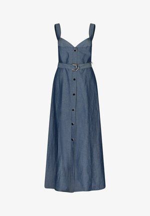 Abito midi in denim con spalline sottili, scollo a cuore, chiusura frontale con bottoni, vita con cintura e una leggera texture in blu scuro.