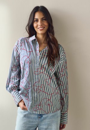 Next, OVERSIZED POPLIN BOYFRIEND SHIRT - Button-down blouse - blue white stripe pink heart embroidered