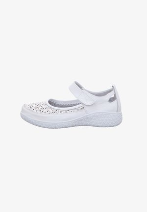 White leather shoe with a perforated design, adjustable strap, and textured rubber sole. Features a rounded toe and low profile.