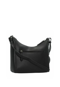 Borsa a spalla in pelle nera con forma arrotondata, tracolla regolabile, tasca frontale con zip e texture liscia. Design minimalista senza hardware visibile.