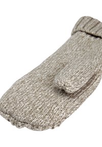 Beige gestrickte Handschuhe mit einer dicken Textur, geripptem Bündchen und abgerundetem Ende. Besitzen eine nahtlose Konstruktion und subtile Farbvariationen.