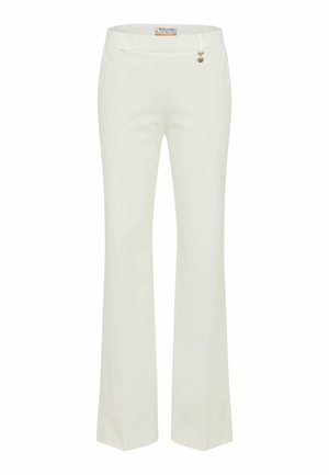 Hvide skræddersyede bukser til kvinder med lige ben og en lille guldfarvet charme ved linningen.