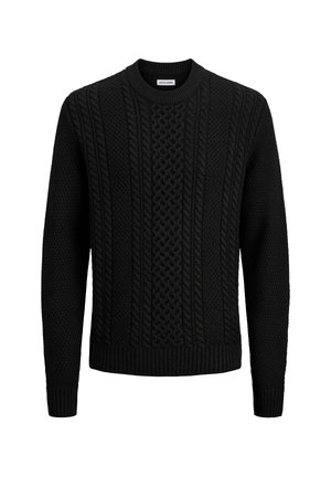 Sort strikket sweater med teksturerede mønstre, herunder kabel- og ribbede detaljer. Har en rund halsudskæring og lange ærmer.