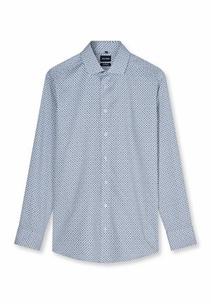 Langärmeliges Hemd mit Knopfleiste, blau-weißem Rautenmuster, Kentkragen und sichtbarem Markenlabel im Kragen.