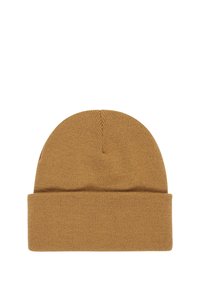 Brown knitted beanie hat with a cuffed design and smooth texture; features a rounded top and a seamless construction.