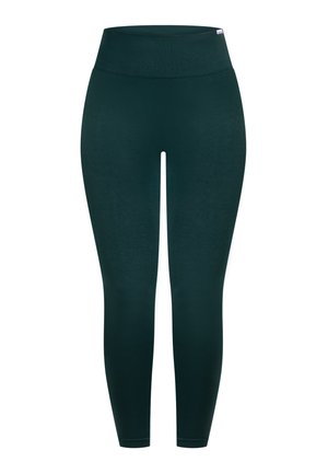 Leggings de color verde oscuro con una cintura alta acanalada. Textura suave, diseño ajustado y longitud hasta el tobillo sin patrones ni detalles visibles.