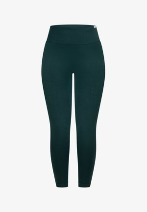 Leggings de color verde oscuro con una cintura alta acanalada. Textura suave, diseño ajustado y longitud hasta el tobillo sin patrones ni detalles visibles.