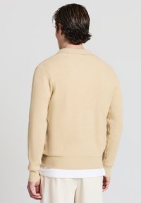 Beige gerippter Strickpullover mit langen Ärmeln, ausgestattet mit einem Polo-Kragen und einem taillierten Saum, über einem weißen Hemd getragen.