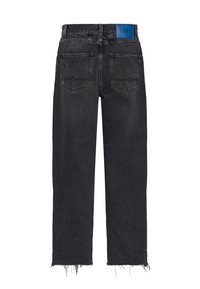 Black denim jeans with a straight leg, frayed hem, two back pockets, and a blue label on the waistband. Classic five-pocket design.