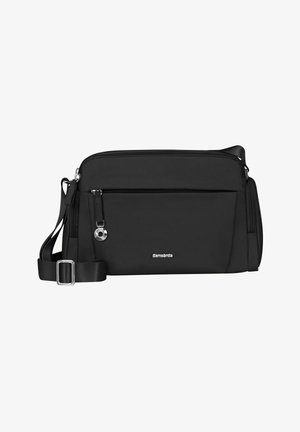 Sac bandoulière noir rectangulaire avec sangle réglable, poche avant zippée et petit logo argenté Samsonite sur le panneau avant.