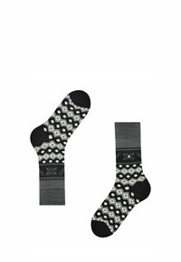 Calze lavorate a maglia con un motivo floreale nero e grigio e texture a contrasto. Il design include bande decorate e polsini di colore uniforme.