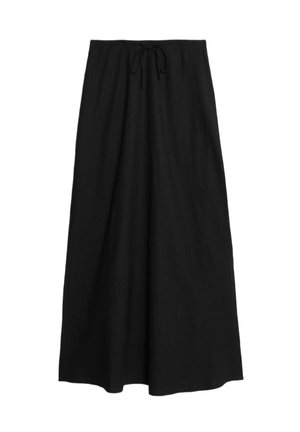 Zwarte, vloeiende rok van lichtgewicht stof met een elastische tailleband met trekkoord. Heeft een volle silhouet en een gladde textuur.