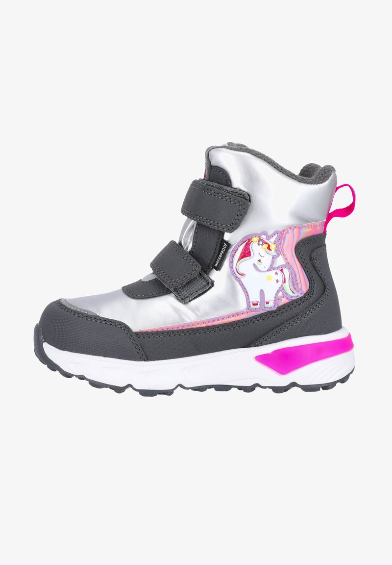 Silver and black children's boot with two Velcro straps, pink accents, and a unicorn graphic on the side. Rubber sole for traction.