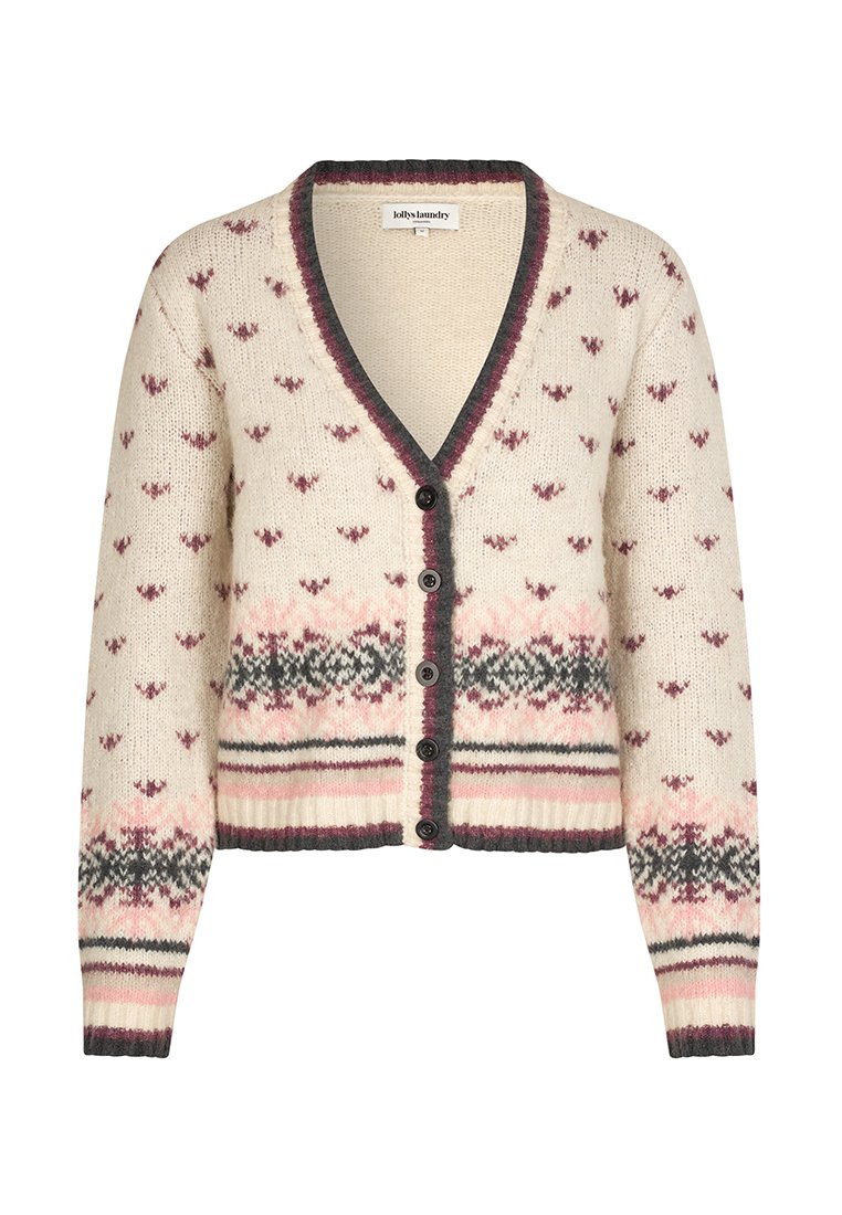 Cardigan crema con scollo a V, bottoni e rifiniture grigio scuro a contrasto. Presenta un motivo floreale in rosa e grigio sul corpo e sulle maniche.