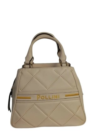 Borsa a tracolla beige trapuntata in materiale sintetico, con logo dorato "POLLINI", doppi manici e borchie decorative in patttern di diamante.