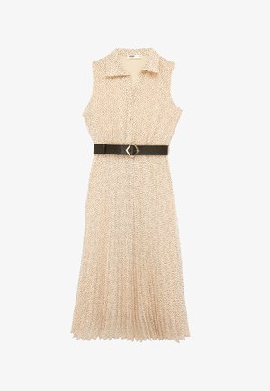 Mouwloze beige midi-jurk met kleine zwarte polka dots, omgeslagen kraag, knoopsluiting aan de voorkant, geplooide rok en zwarte riem met geometrische gesp.
