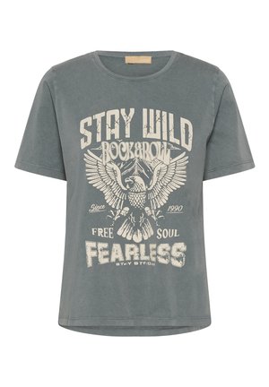 Grå bomuld T-shirt med rund halsudskæring, korte ærmer og et forstykke med grafik af en ørn og tekst i cremefarve. Slidt look.