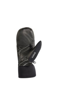 Schwarze Lederhandschuhe mit einer passgenauen Design, ausgestattet mit einem separaten Fingerbereich, elastischem Handgelenksverschluss und kontrastierenden weißen Nähten.