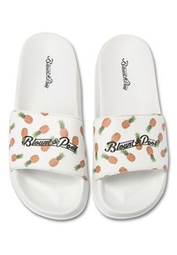 White slide sandals featuring a pineapple and leaf print with a black "Blount & Pool" logo on the strap. Smooth material with a flat sole.