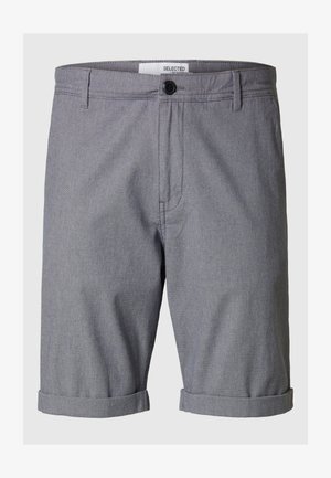 Graue gewebte Shorts mit strukturiertem Finish, ausgestattet mit einem einzigen Knopfverschluss, zwei Seitentaschen und umgeschlagenen Säumen für einen lässigen Look.