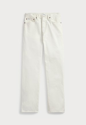Weiße Denim-Jeans mit geradem Schnitt, ausgestattet mit fünf Taschen, Metallknöpfen und Ziernähten entlang der Nähte. Glatte Textur.