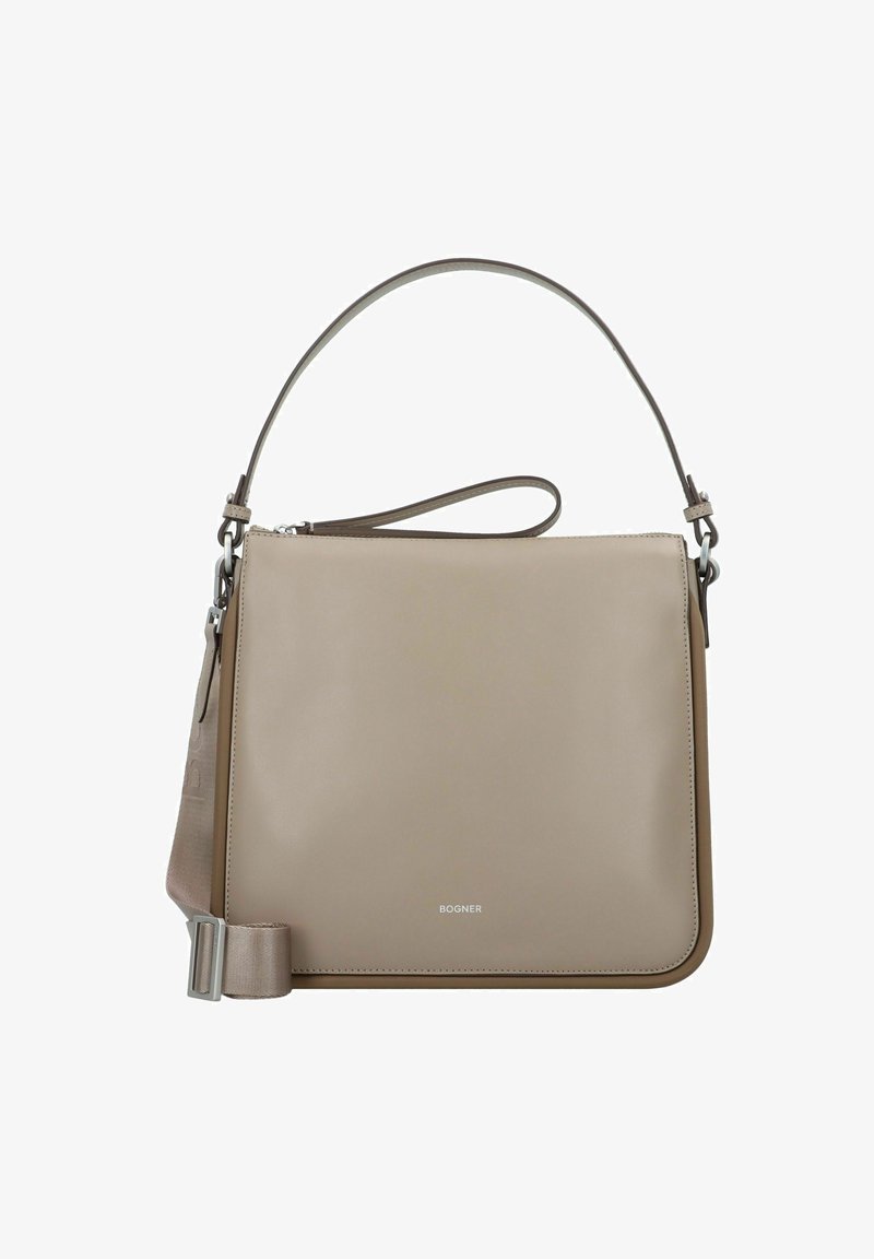 Borsa a tracolla in pelle beige con design rettangolare strutturato, manico superiore e tracolla rimovibile. Presenta un logo discreto sul davanti.