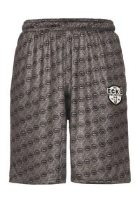 Grå shorts laget av myk stoff, med et mønster av sirkler over hele, og en svart merkepute på venstre lår. Elastisk midjebånd synlig.