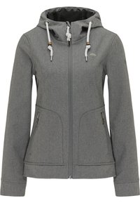 Grå kvinnors jacka i softshell med huva, framside dragkedja, två dragkedjefickor och vita snoddar med träpärlor på huvan.