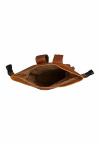 Brown leather tote bag with an open top, showcasing a tan interior lining and dual shoulder straps. Smooth texture, minimal hardware.