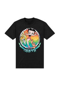 T-shirt nera in cotone con un'illustrazione colorata di un personaggio dei cartoni animati, un cane e un granchio all'interno di un design circolare etichettato "CANCRO".