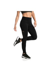 Černé legíny s vysokým pasem, s bočními výřezy. V kombinaci s černými sportovními botami a šedým crop topem. Hladká, elastická tkanina.