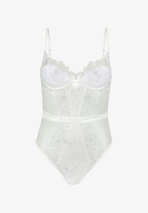 Body bianco con design in pizzo floreale, spalline regolabili e chiusura frontale a apertura a chiave. Presenta una texture liscia e dettagli trasparenti.