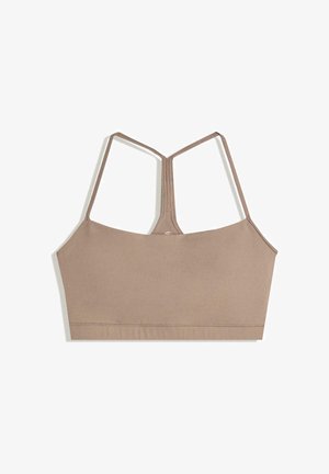 Rintaliivi hillityssä ruskeassa värissä, jossa on sileä rakenne, säädettävät spagettiolkaimet ja neliön muotoinen kaula-aukko, ilman näkyviä kiinnityksiä.