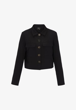 Zwarte cropped jas met lange mouwen, spitse kraag, klepzakken aan de voorkant en vijf grote gouden knopen in het midden.