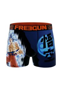 Boxers pour hommes avec un graphisme coloré d'un personnage aux cheveux bleus hérissés, une ceinture orange et un fond noir avec des accents bleus.