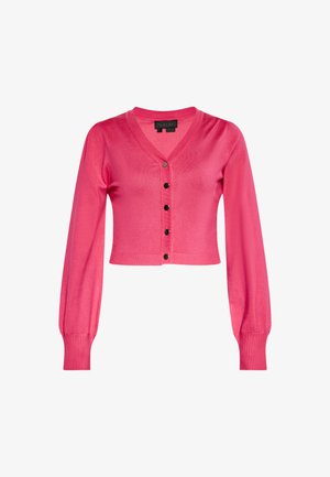 Roze lang mouw cardigan van glad breimateriaal, met een V-hals, knoopsluitingen en een geribde onderrand en manchetten.